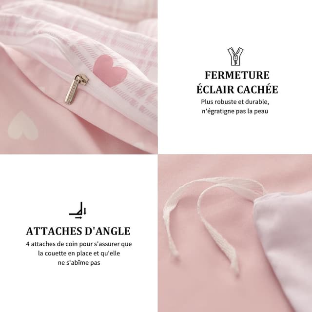 Detalle de Housse de couette Freyamy 140x200 à carreaux vichy rose (microfibre) avec taie 65x65 cm et fermeture éclair