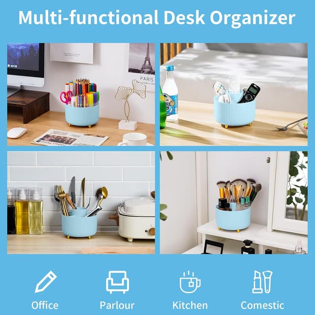 Detalle de Marbrasse Desk Organiser 360° Rotating Pen Holder with 5 Compartments (Blue)