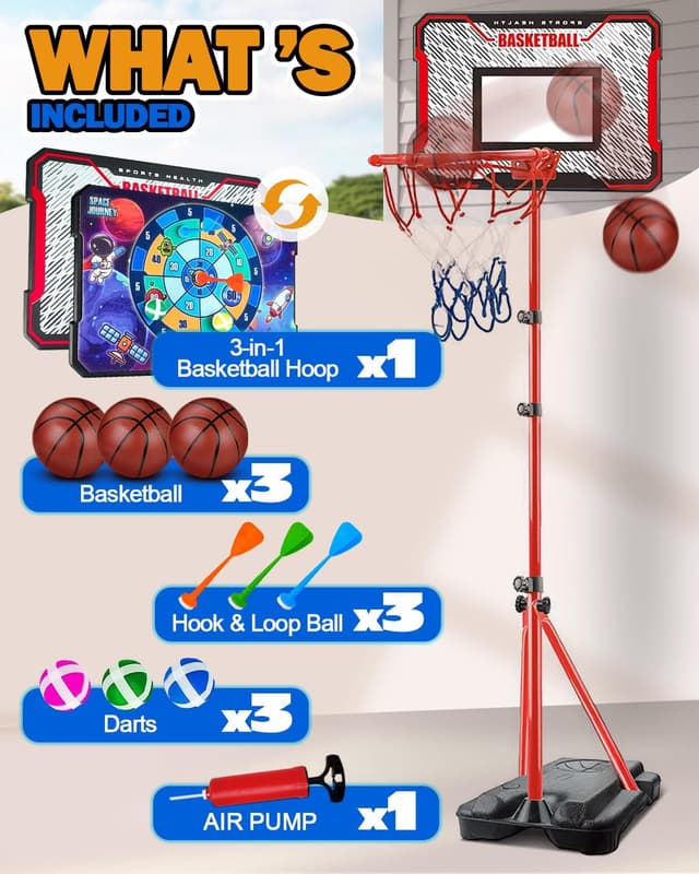 Detalle 2 de Adjustable Kids Basketball Hoop & Dart Board Set (43–75 inches) – Indoor/Outdoor Play for Toddlers to Teens