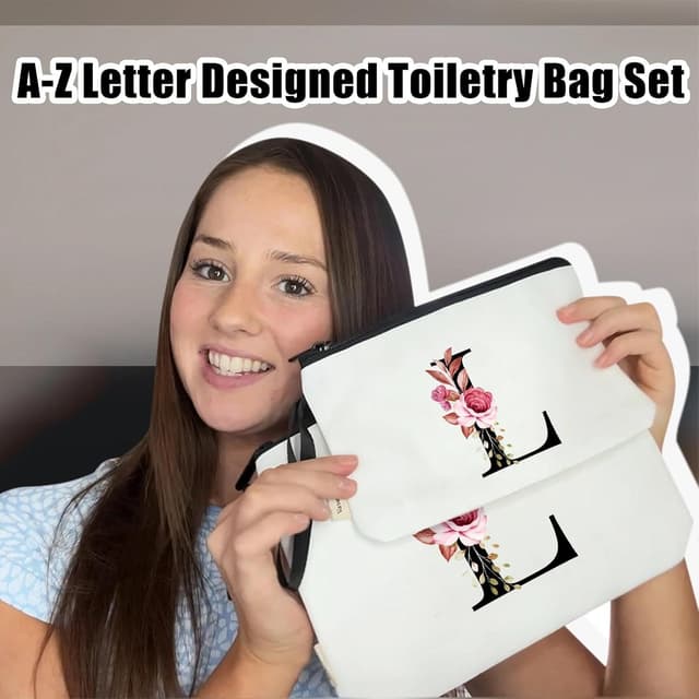 Detalle 2 de Vavabox 2 Pcs Initial Toiletry Bags Set (L, White) – personalised travel makeup & toiletry bag with handle