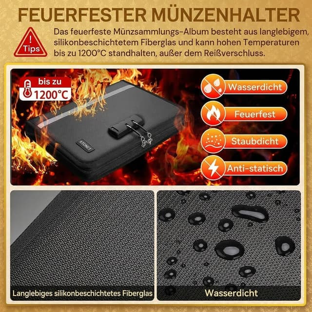 Thumbnail 2 de Ytonet Feuerfestes Münz-Sammelalbum mit Schloss – 320 Münzen & 36 Geldscheine, schwarz