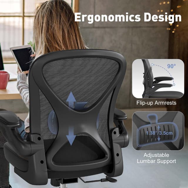 Thumbnail 4 de ZZH Ergonomic Mesh Office Chair with Adjustable Lumbar Support & Flip-up Arms (Black)