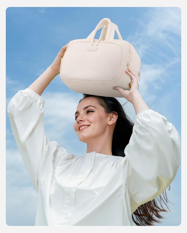 Detalle de LOVEVOOK große Kulturtasche Damen mit Nassfach – leichter Reise-Kulturbeutel beige, mit Organizer & Netztaschen