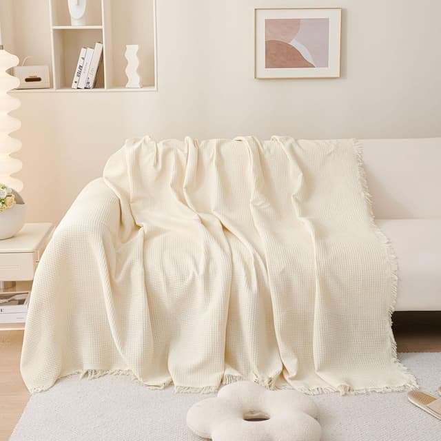 Detalle de LHGOGO Waffle Weave Large Sofa Throw (180x230cm) in Cream