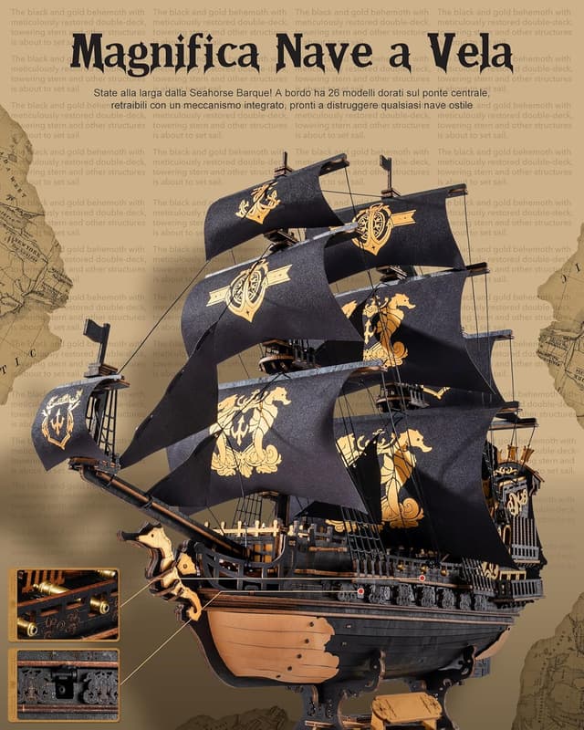 Detalle 2 de ROBOTIME MCB02 Seahorse Barque 1:100 – Puzzle 3D in legno per modellismo navale