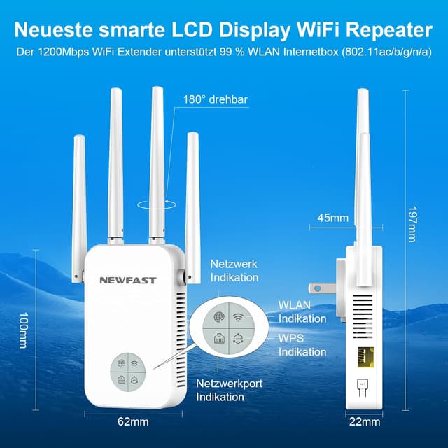 Detalle de NEWFAST WLAN Repeater 1200 Mbit/s Dualband – WiFi-Extender mit 4 drehbaren Antennen, Ethernet-Port & MU-MIMO