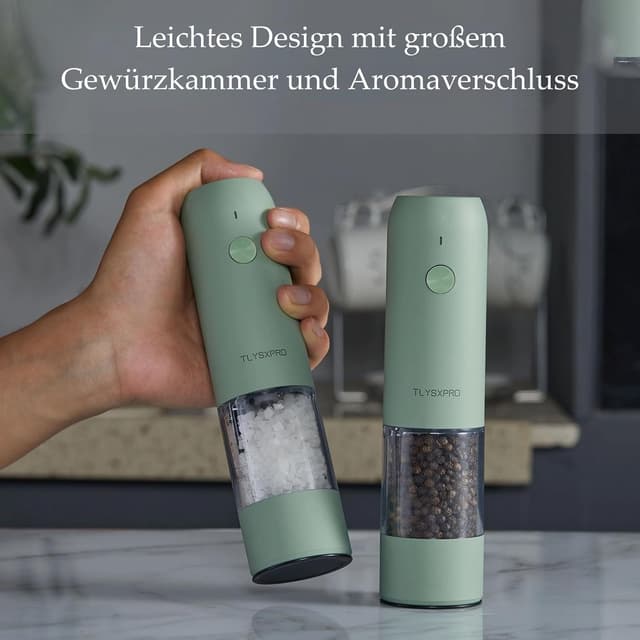 Detalle 2 de TLYSXPRO elektrische Salz- und Pfeffermühle im 2er-Set (USB wiederaufladbar, einstellbare Grobheit) – weiß