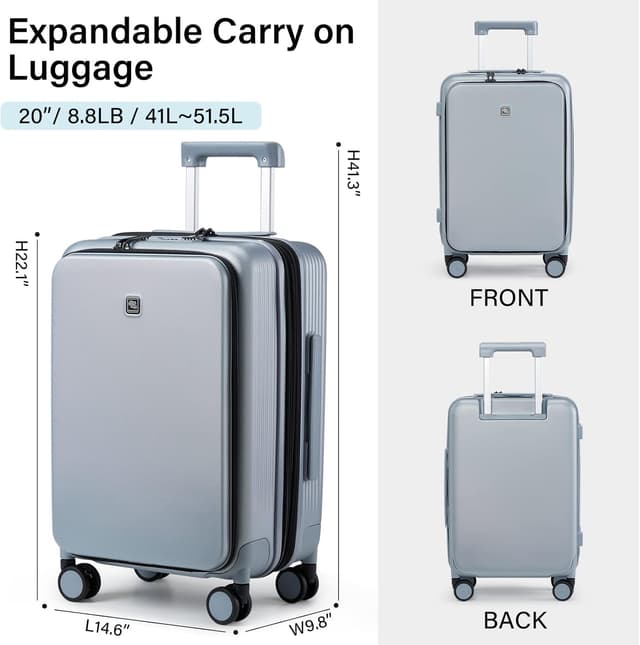 Detalle de Hanke 20 inch expandable cabin luggage hard shell case with laptop compartment, spinner wheels and combination lock (Grey)