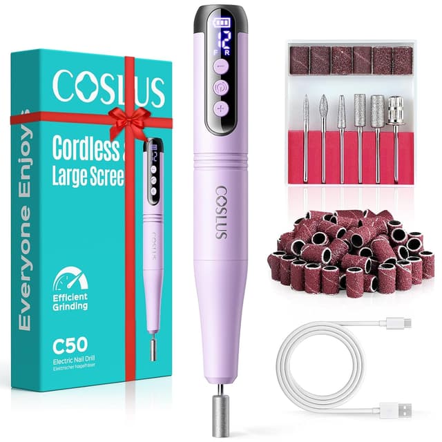 Detalle de COSLUS C50 Cordless Electric Nail Drill (12-Speed) with LED Display, Purple