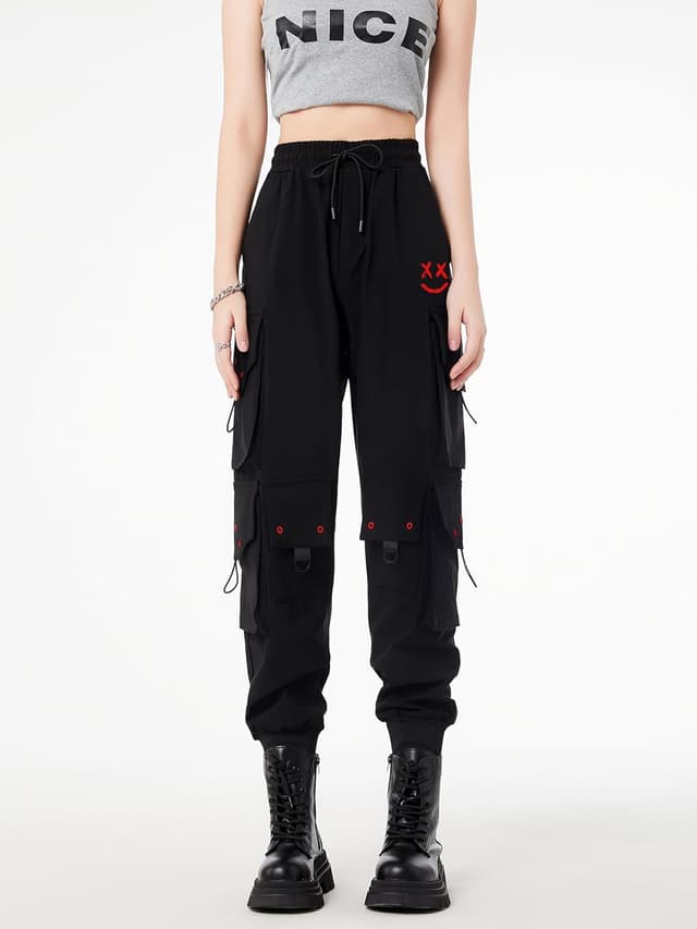 Detalle 2 de CLOAKA Cargohose Damen Jogginghose High Waist im Gothic-/Techwear-Look mit Stretch & Gummizug
