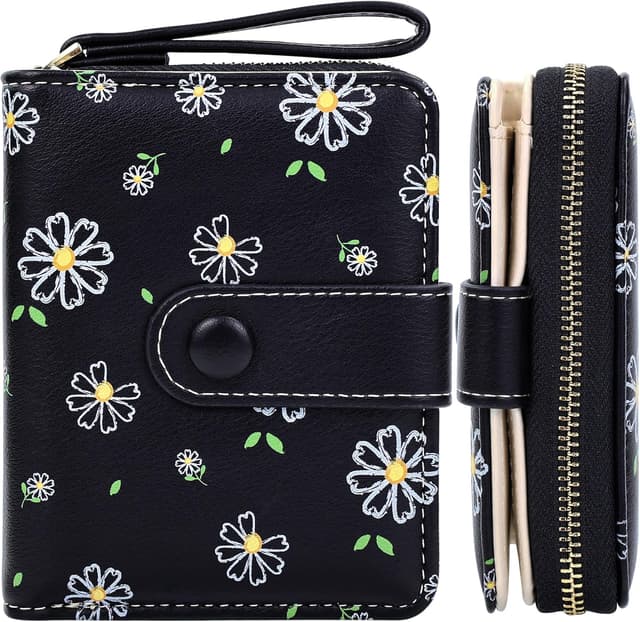 Detalle de Farcauo mini porte-monnaie pour femme : petit portefeuille multifonctions noir à motif fleurs