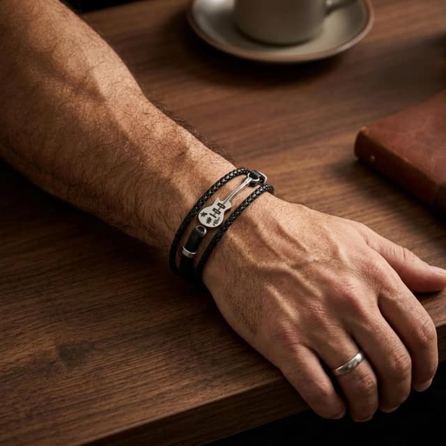 Thumbnail 6 de ATEIELLI Bracciale chitarra uomo in pelle intrecciato multistrato con acciaio inox