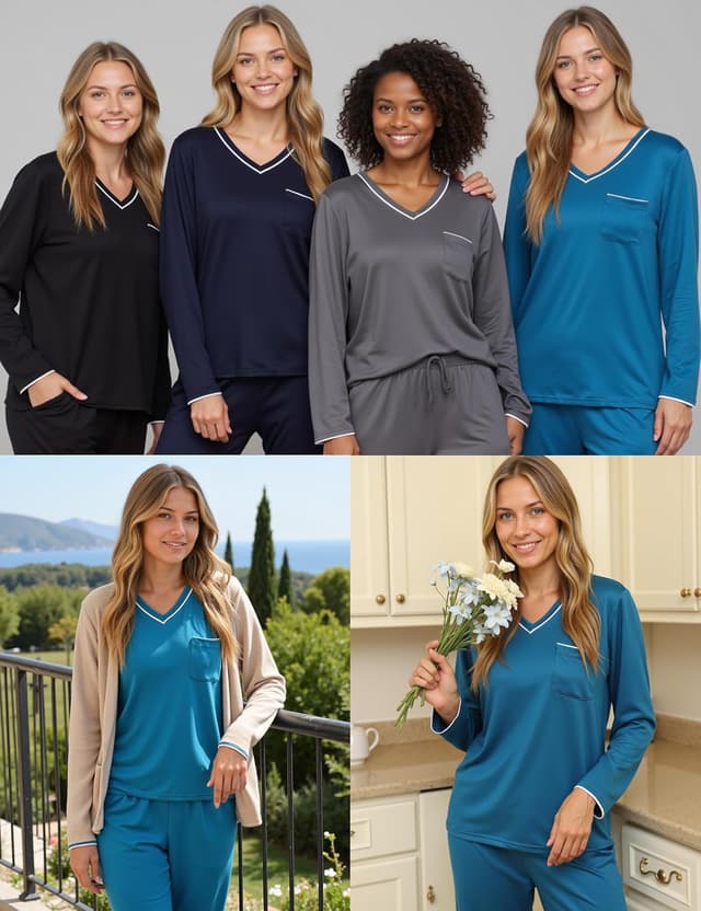 Detalle 2 de Demegimi Damen-Schlafanzug lang mit V-Ausschnitt, einfarbig aus Baumwolle – Winter-Pyjama für Komfort am Abend