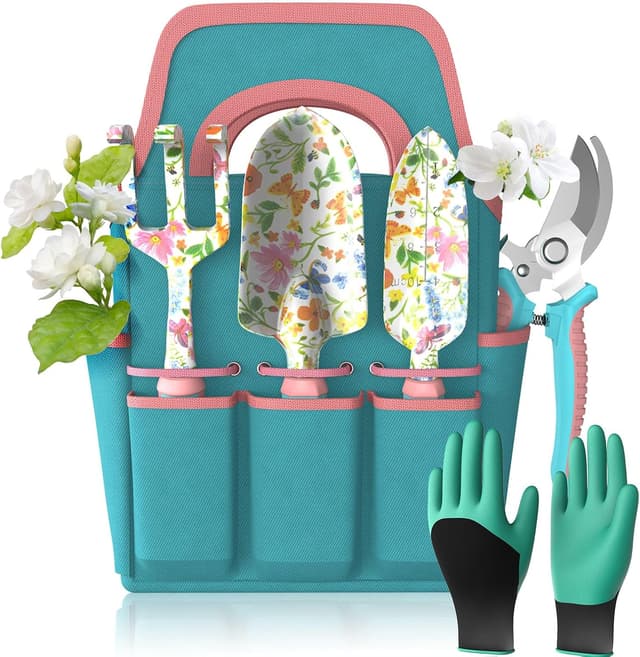 Detalle de MQHUAYU set di 6 attrezzi da giardinaggio con utensili a mano in lega di alluminio e borsa
