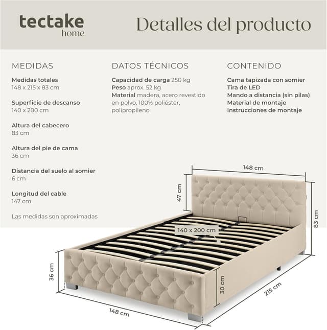 Thumbnail 1 de tectake® Cama Tapizada Terciopelo con LEDs 215x148 cm