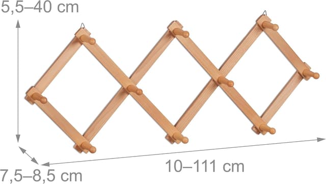Detalle de Relaxdays Attaccapanni da parete allungabile con 10 ganci in legno naturale