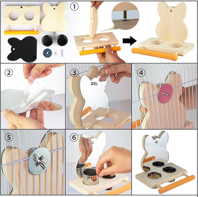 Detalle de Vogelspiegel mit Sitzstange und 2 Fütterungstassen – Spiegel-Kauspielzeug aus Holz für Papagei & Co.