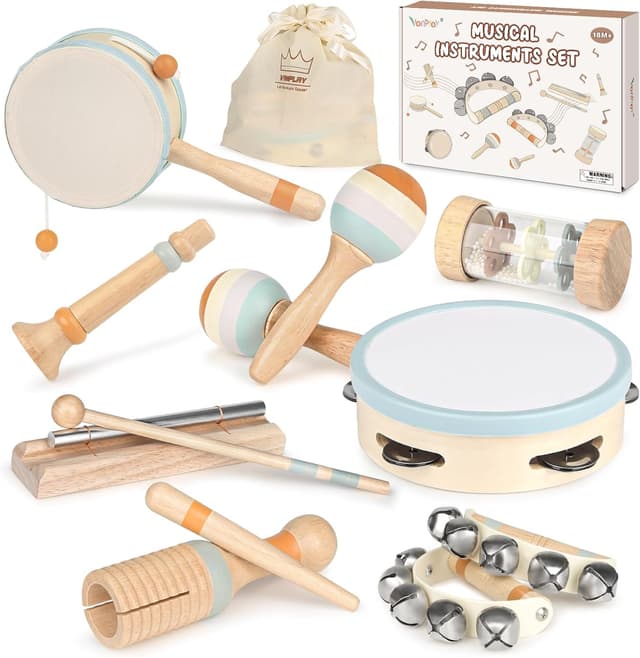 Detalle de Kids Wooden Musical Instrument Set (Maracas, Drum, Tambourine & More) for Toddlers