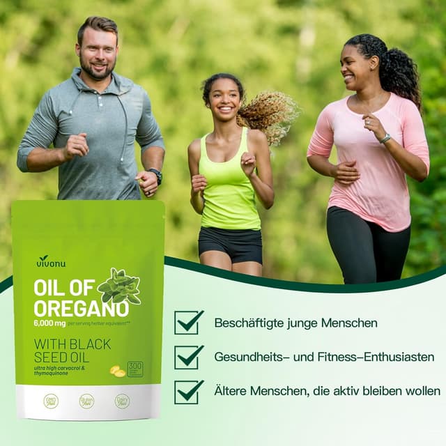 Detalle de VivoNu Oregano Öl Kapseln – 300 Weichkapseln mit 6000 mg Oreganoöl, 200 mg Schwarzkümmelöl & 165 mg Carvacrol