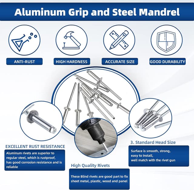 Detalle de CCLIFE 1000 rivetti ciechi in alluminio assortiti (2,4 / 3,2 / 4 / 4,8) per giunzioni rapide