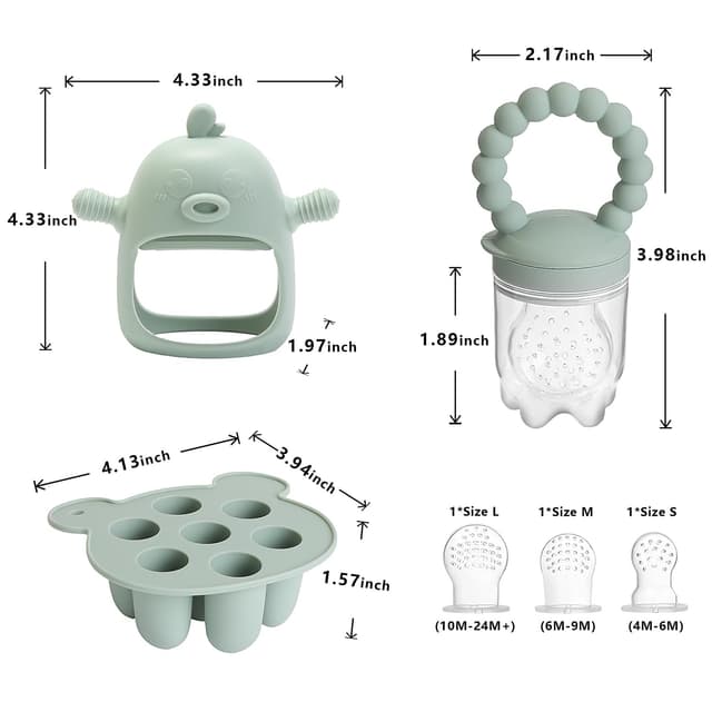 Detalle de Gedebey 6-in-1 Baby Fruit Feeder Pacifier & Baby Food Feeder Set (Silicone Popsicle Mold + Teether, 3 Sizes)