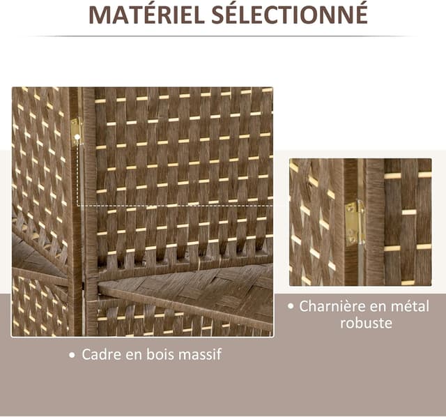 Detalle de HOMCOM Paravent intérieur à 4 panneaux avec 2 étagères (bois de pin, bambou, fibres de papier tressées)