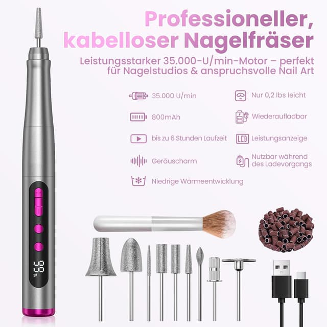 Detalle de Kabelloser Nagelfräser mit 35.000 U/min – elektrische Nagelfeile für Acryl- und Gelnägel, mit LCD-Display (Silber)