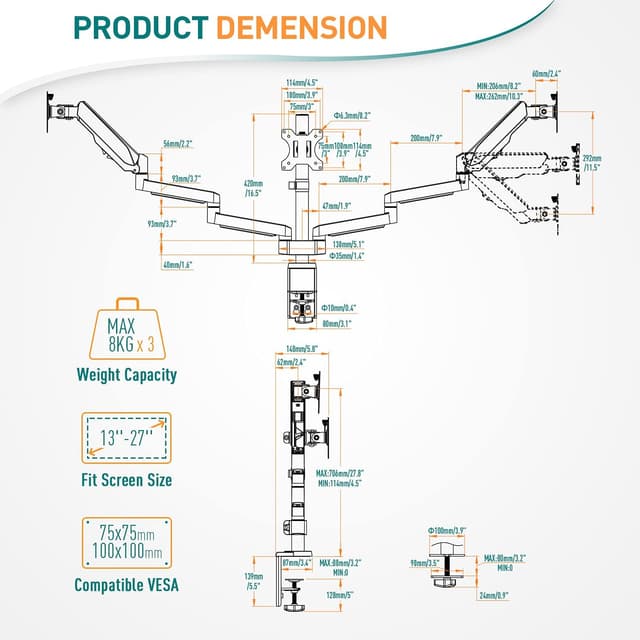 Detalle 2 de ELIVED EV006 support de bureau réglable à gaz (VESA 75/100) pour écrans de 13 à 27 pouces, bras pour 3 moniteurs