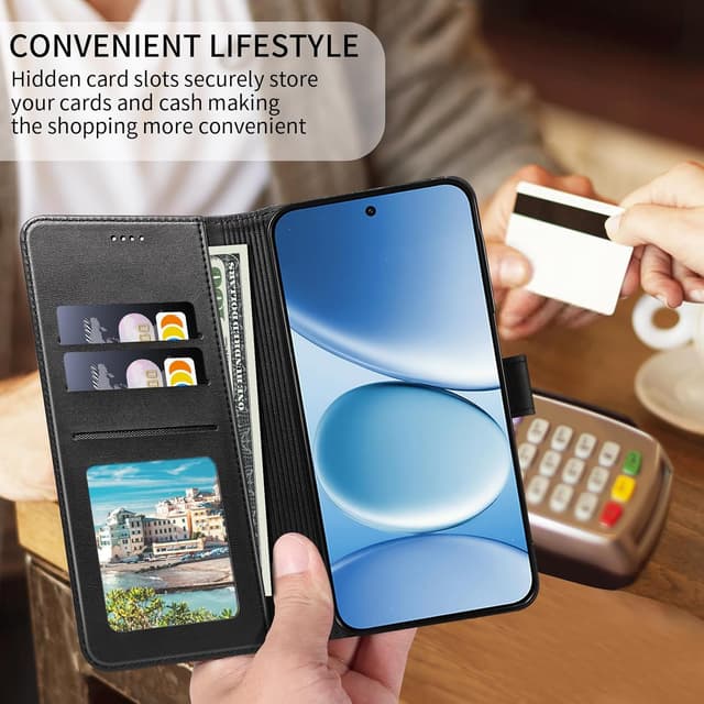 Detalle de WAURZ Cover in pelle a libro per Xiaomi Redmi Note 15 Pro 5G con protezione schermo e supporto, nero