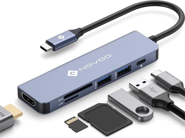 Detalle de NOVOO USB-C Hub mit HDMI 4K@60 Hz, 2× USB-A 3.0, 100W PD & SD/TF für MacBook & weitere Typ-C-Geräte