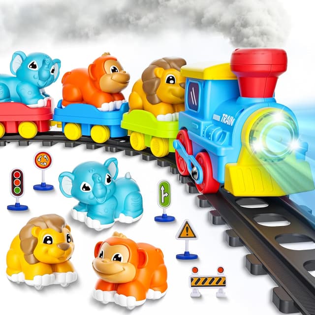 Detalle de Toddler Steam Electric Train Set with Music & Lights (with Tracks Accessories) and 3 Animal Cars