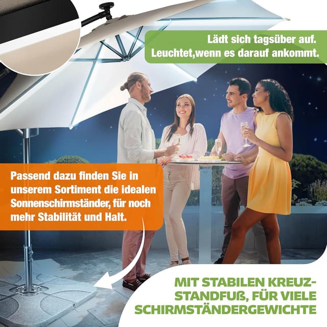 Detalle 2 de KESSER® Alu Ampelschirm LED Solar mit 24 LED, Kurbel, 360°-Funktion und Abdeckung