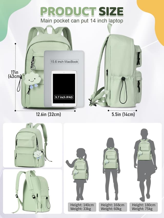 Detalle de Fioretto FIORETTO Damen Rucksack / Schulrucksack für Mädchen & Jungen – Laptopfach bis 15,6 Zoll, Anti-Diebstahl-Tasche, 20 Liter, Grün