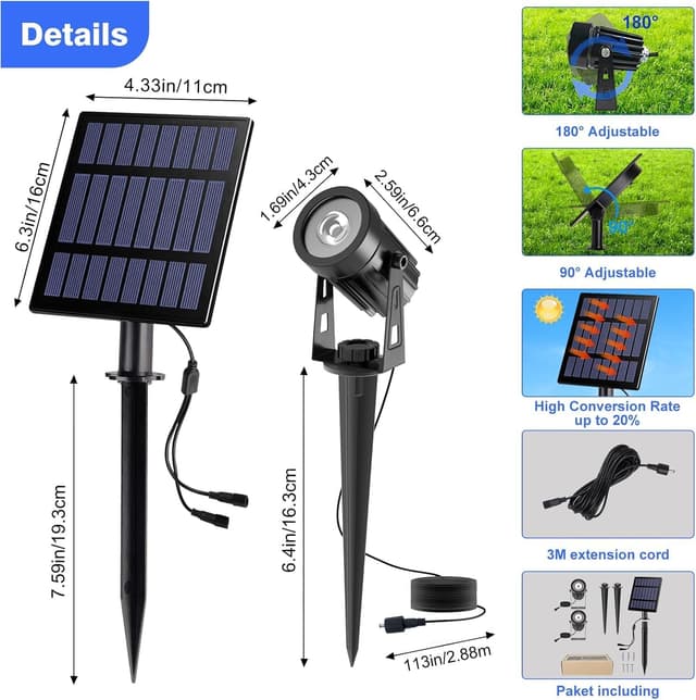 Detalle 2 de T-SUNUS Solar LED Spot Lights (6000K daylight) – Waterproof outdoor solar spotlight for gardens & driveways