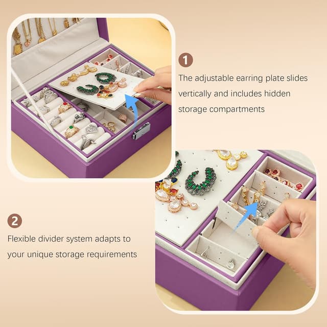 Detalle 2 de Homeanda Jewellery Box with Lock (Purple) – 2-layer leather organiser for necklaces, earrings, rings and bracelets