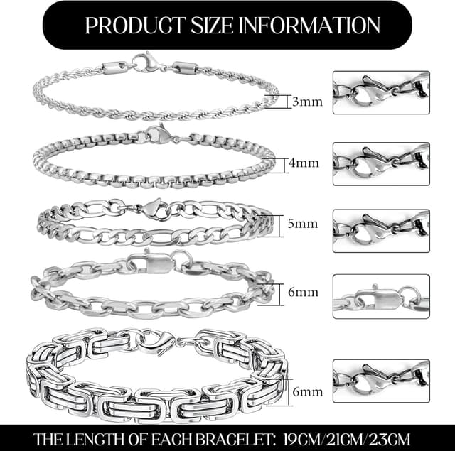 Detalle de JENCVNL Herrenarmband im Set (5 Stück) aus Edelstahl, Silberfarbene Panzerkette