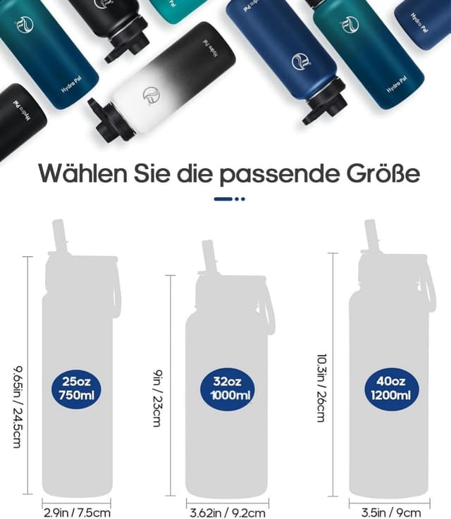 Detalle de HydroPal Edelstahl-Trinkflasche (500 ml bis 1,9 L) mit Strohhalm & 2 Deckeln, BPA-frei, kohlensäuregeeignet