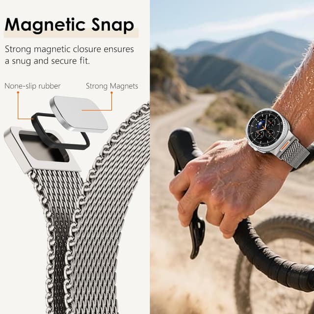 Detalle de CHANCHY Milanese Strap for Samsung Galaxy Watch 8 (40mm/44mm) & Watch 8 Classic 46mm (2025) — 316L mesh with magnetic clasp