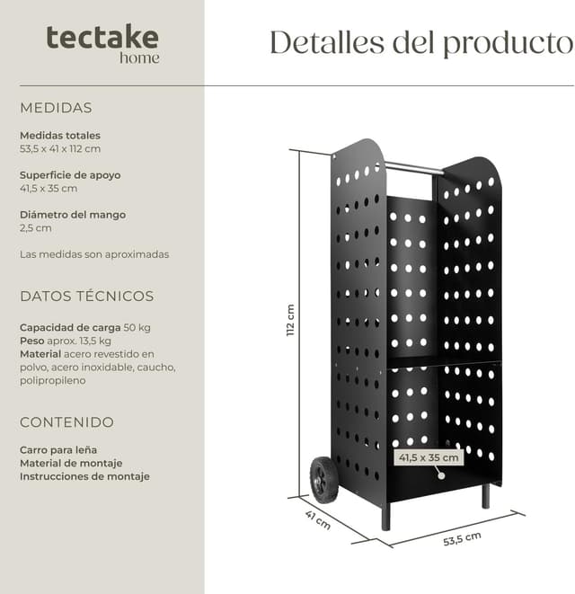 Thumbnail 6 de tectake Carretilla de Chimenea con ruedas 🪵