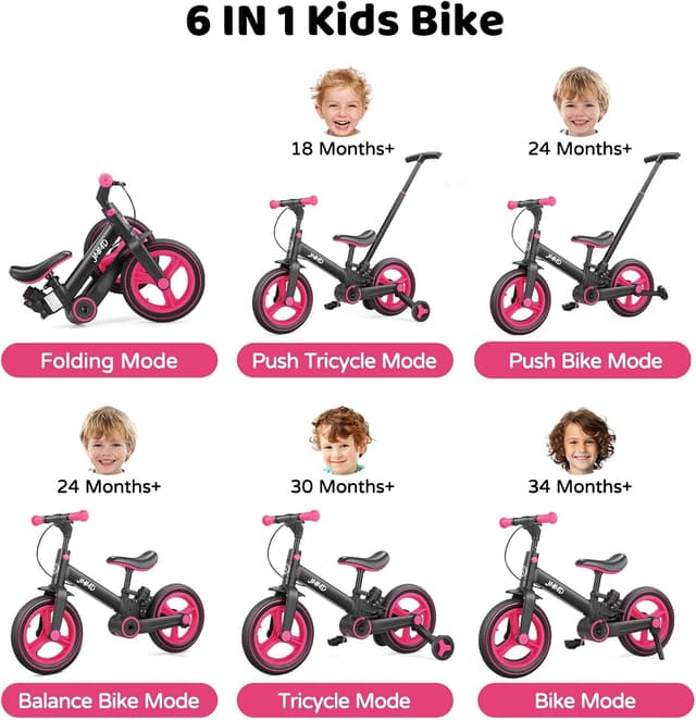 Detalle de JMMD 6-in-1 Toddler Bike (18 Months to 5 Years) w/ Push Handle, Training Wheels, and Hand Brake