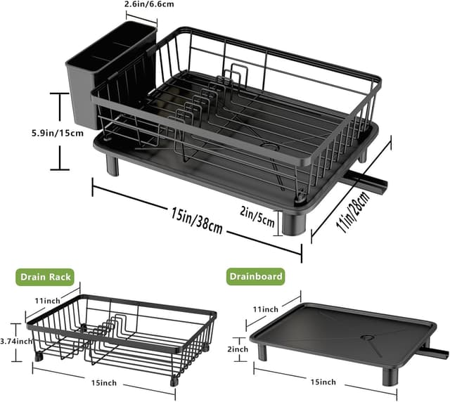 Detalle de GHERISN Dish Drainer Rack with Drip Tray – Stainless Steel sink dish drying rack (black)