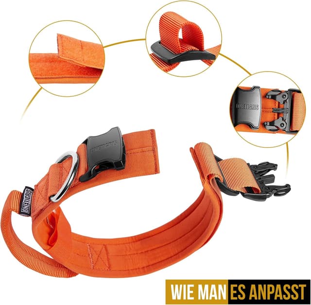 Detalle 2 de OneTigris Hundehalsband mit Metallschnalle (Orange, Größe M) – gepolstertes Nylon mit D-Ring