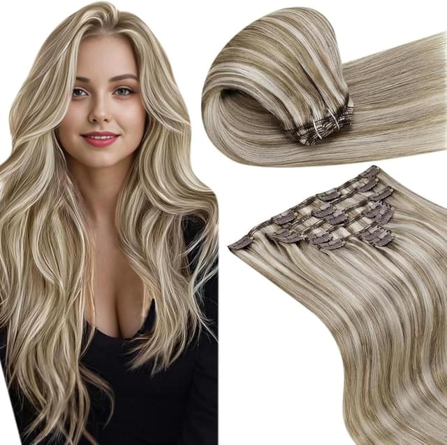 Detalle de LaaVoo Extension Cheveux Naturel Clip Brun Balayage Platine – 7 pcs, 45 cm