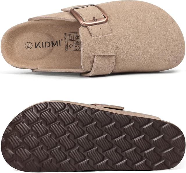 Detalle de KIDMI Genuine Suede Clogs for Women with Memory Foam Cork Footbed and Big Buckle