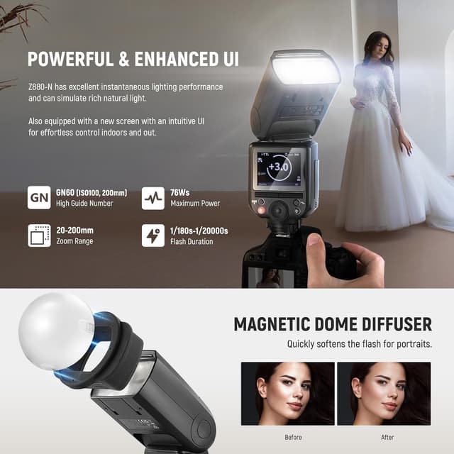 Detalle 2 de NEEWER Z880-N 76Ws 2.4G TTL Speedlite Flash for Nikon with diffuser & adapter