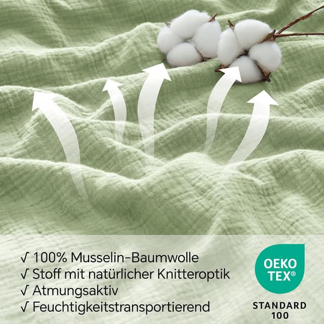 Detalle de BEDELITE Musselin-Bettwäsche 135x200 aus Baumwolle (2-teilig, Reißverschluss) in Hellgrün