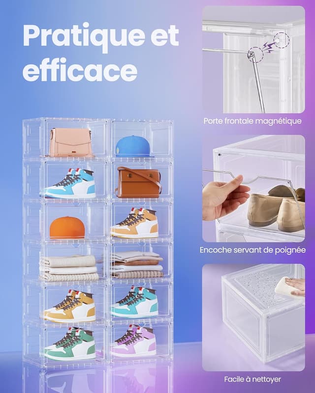 Detalle 1 de SONGMICS Lot de 6 boîtes à chaussures transparentes avec porte LSP506W01 (jusqu’à la pointure 46)