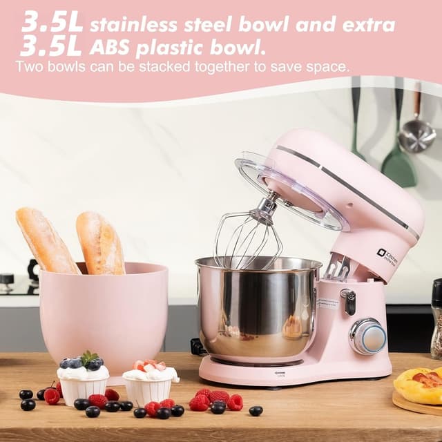 Detalle de Kitchen in the box Small Stand Mixer (Mini Food Mixer) with Two 3.5L Bowls, 10 Speeds – Rose Pink