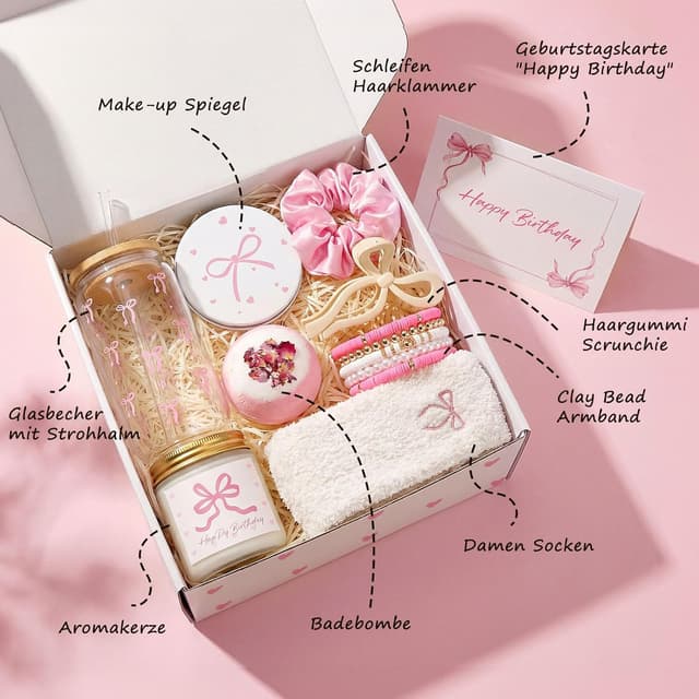 Detalle de Rosa Geschenkbox mit Schleifen-Design – Wellness-Geschenkset für Frauen mit Duftkerze, Badebombe, Glasbecher & Beauty-Accessoires