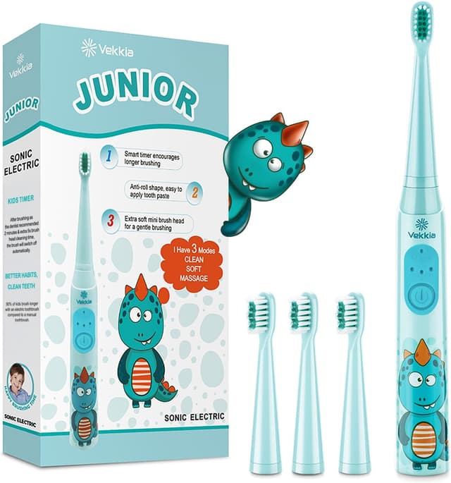Detalle de Vekkia Sonic Rechargeable Kids Electric Toothbrush (IPX7, 3 Modes, 2-Min Timer, 24000 Strokes) — Blue